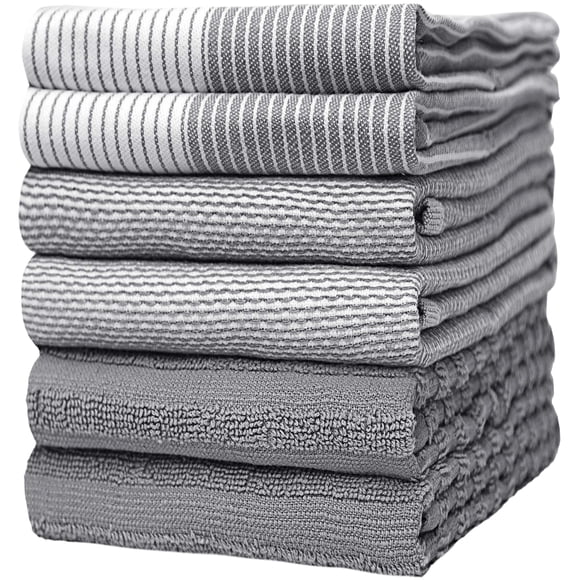 Juego de toallas de cocina de 51 x 71 cm, paquete de 6, toallas de mano grandes de algodón para platos, planas y rizadas, altamente absorbentes con lazo para colgar, color gris