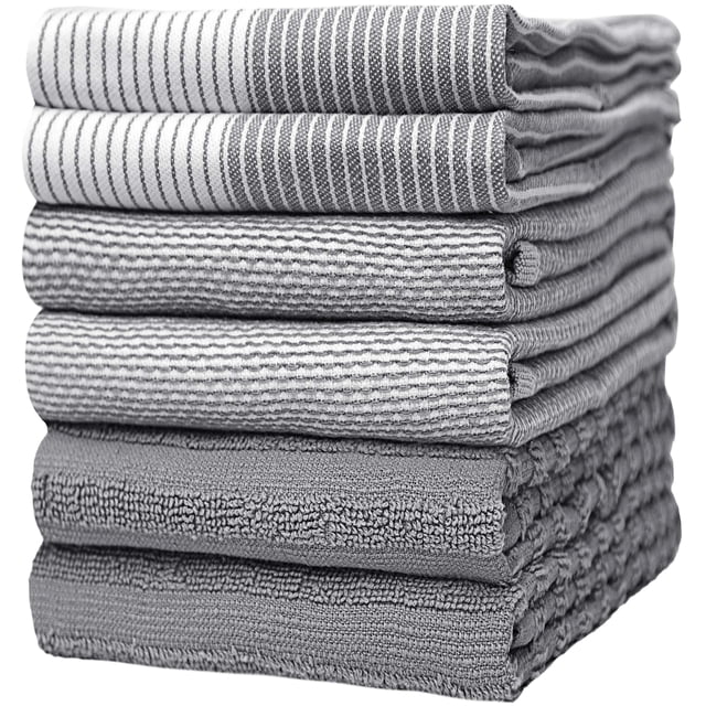 Juego de toallas de cocina de 51 x 71 cm, paquete de 6, toallas de mano grandes de algodón para platos, planas y rizadas, altamente absorbentes con lazo para colgar, color gris