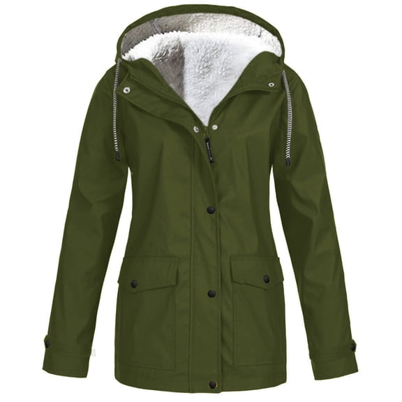Green Winter Coats for Women, Polyester Womens Winter Coats, Women Solid Plush Thickening Jacket Outdoor Plus Size Hooded Raincoat Windproof 4XL
