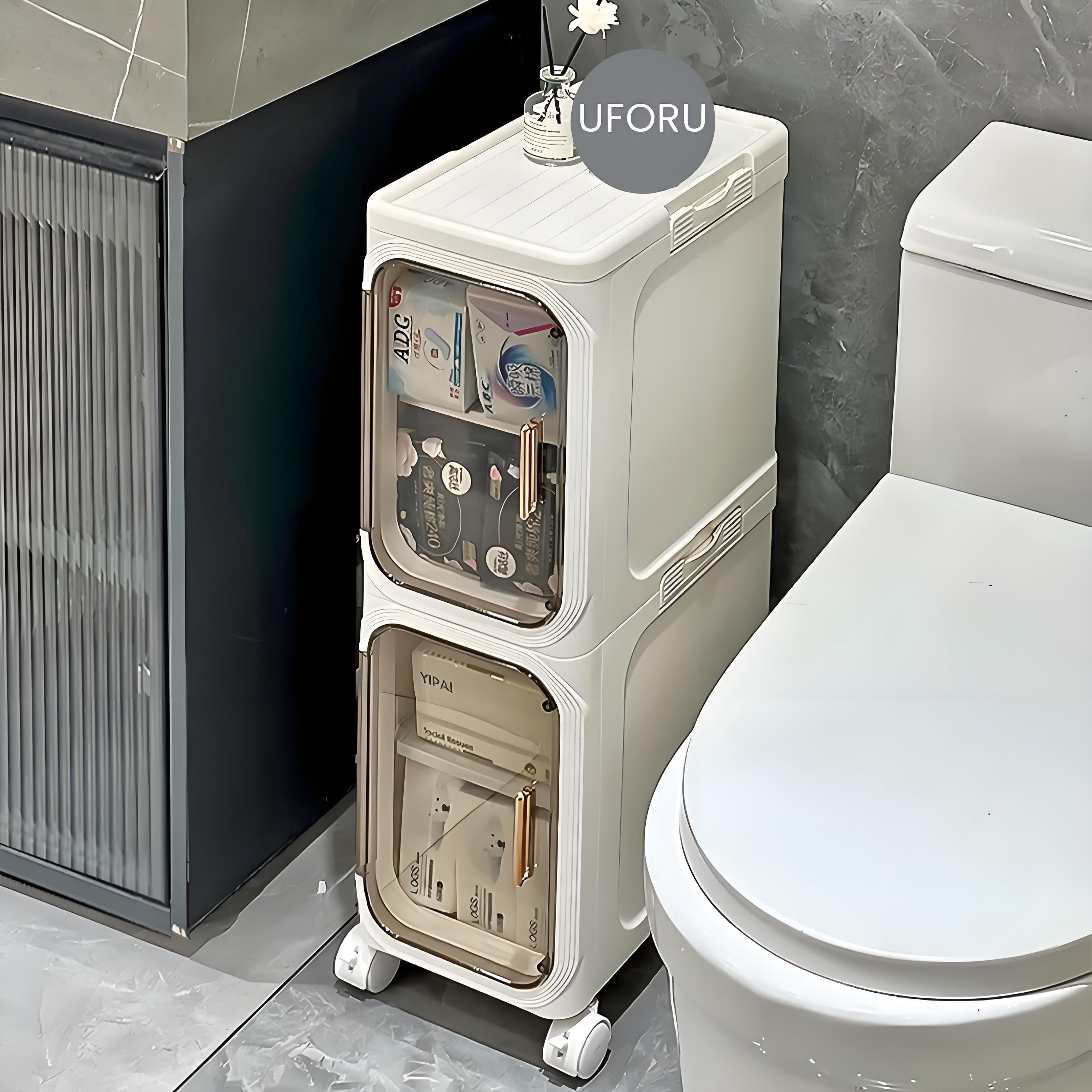 4-Tier Bathroom Storage Cabinet with Wheels, Magnetic Doors, Plastic Slim Bathroom Organizers and Storage for Small Spaces, Kitchen, Cream White