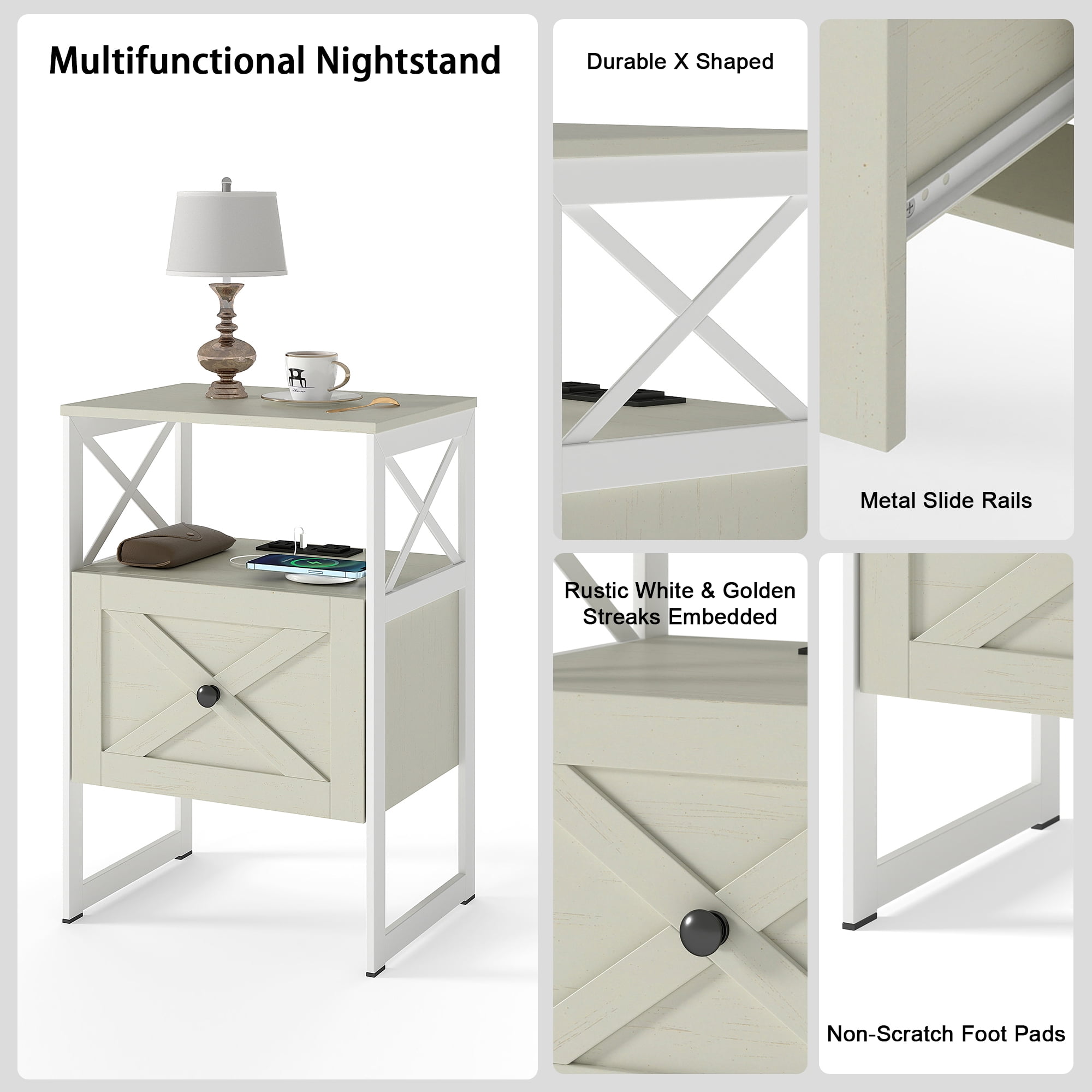 Manxile Nightstand with Drawers & Shelf Bedside End Table for Bedroom,White