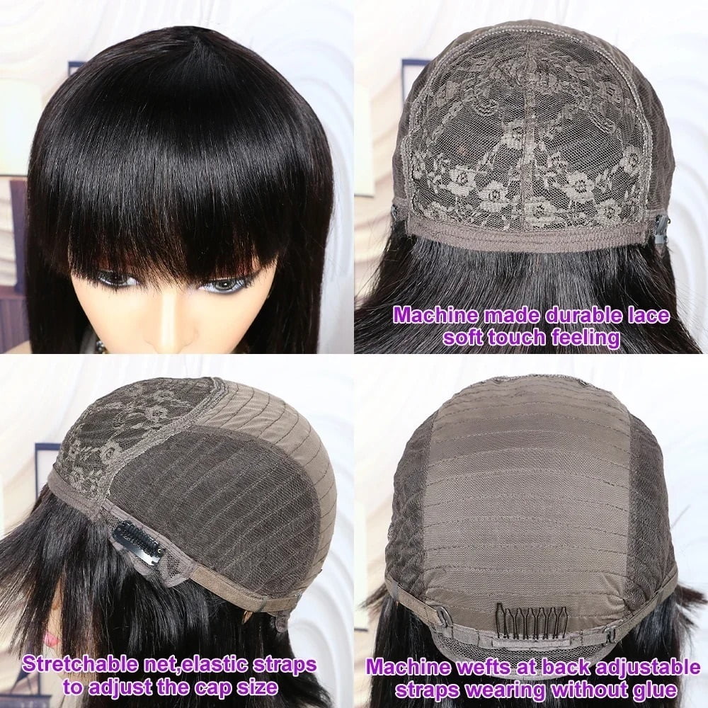 Straight Human Hair Wigs with Bang Full Machine Made Wig Non Lace Wig for Black Women