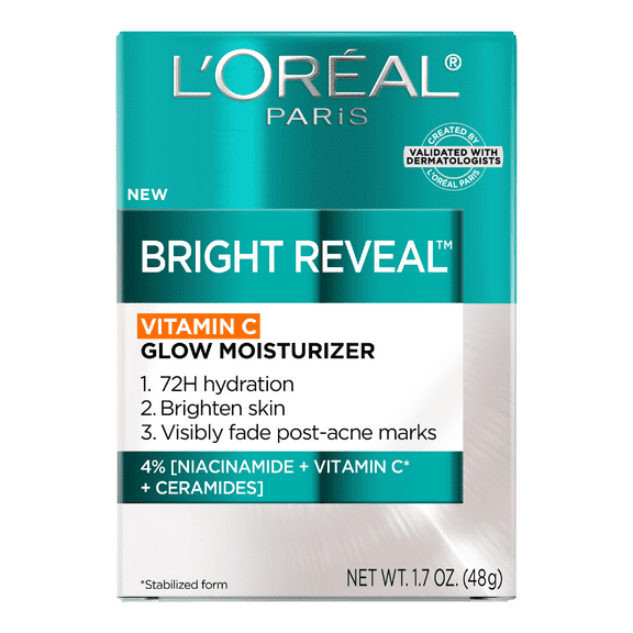 L'Oreal Paris Bright Reveal Vitamin C Glow Face Moisturizer, All Skin Types, 72H Hydration, 1.7 oz