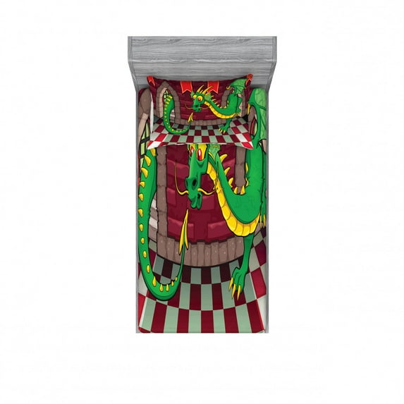 Cartoon Bedding Set with Sheet & Covers, Video Game Design Inside the Castle with Dragon Fantasy World Medieval Illustration, Printed Bedroom Decor 2 Shams, 4 Sizes, Ruby Green, by Ambesonne