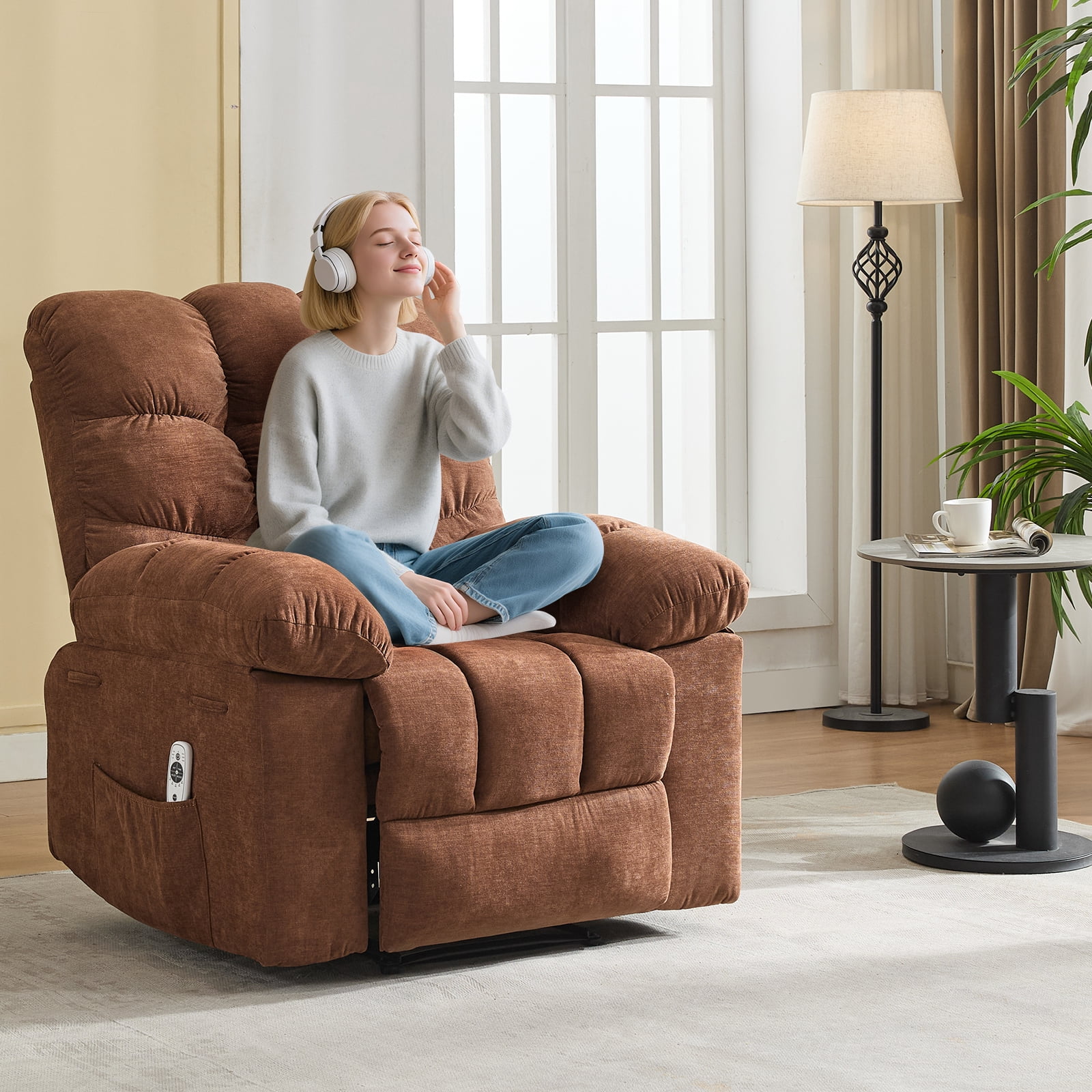 Recliner Chair for Adult, Recliner with Massage&Heating, Manual Recliners, Upholstery Overstuffed Soft Rocking Sofa Chair, Brown