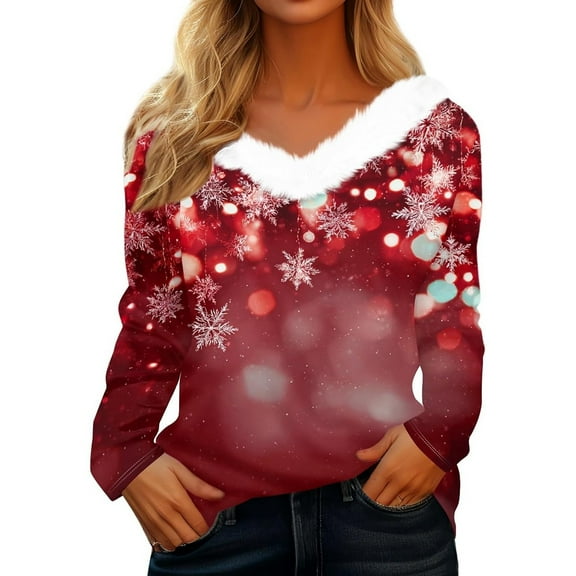 Women Christmas Outfit Festive Holiday Print Long Sleeve T-Shirt for Women Cozy Winter Fashion Family Gathering Party Apparel with Classic Collar Design Red M