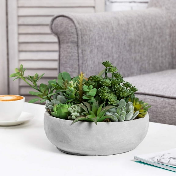 MyGift 8 inch Artificial Succulent Plants in Round Gray Cement Planter