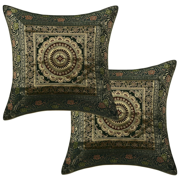 Stylo Culture Indian Decorative Throw Pillow Covers 16 x 16 Jacquard Dark Green Square 40x40 cm Home Decor Brocade Floral Mandala Zippered Cushion Covers | Set Of 2