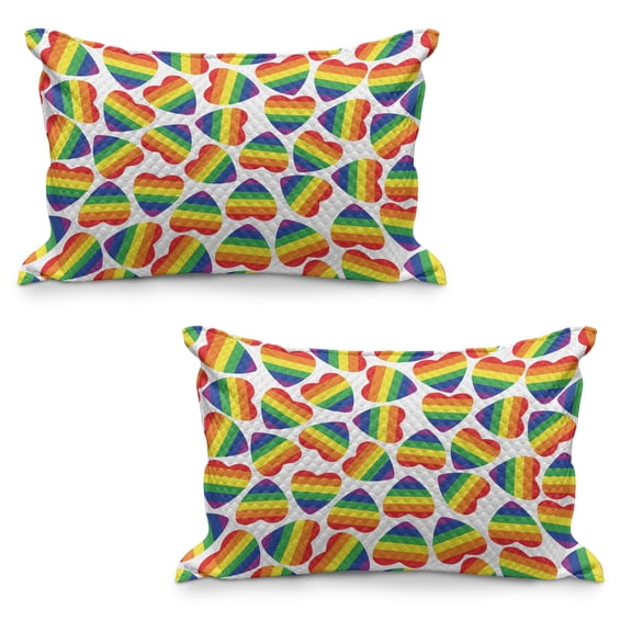 Pride Quilted Pillowcover Set of 2, Heart Shapes in LGBT Colors Striped Design with Homosexuality Liberation Theme, Standard Queen Size Pillow Cover for Bedroom, 30" x 20", Multicolor, by Ambesonne