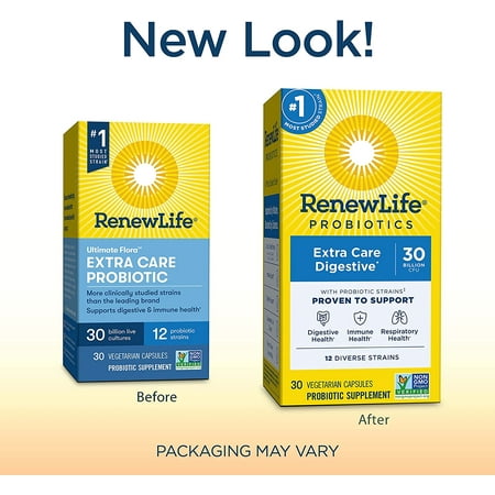 Renew Life Extra Care Digestive Probiotic Capsules, Daily Supplement Supports Immune, Digestive and Respiratory Health, L. Rhamnosus GG, Dairy, Soy and gluten-free, 30 Billion CFU, 30 Count