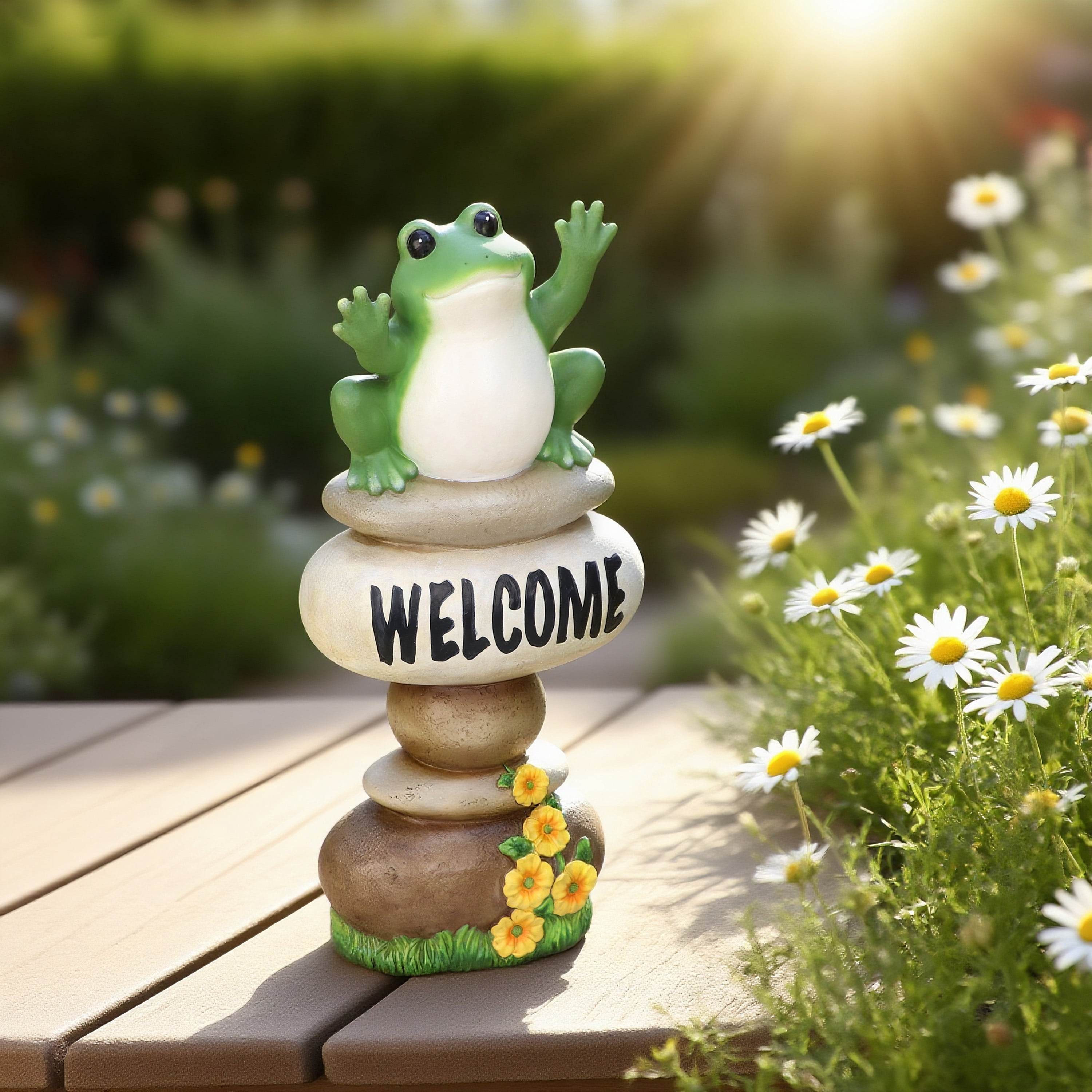 Mainstays 19.75 Inch Outdoor Large Frog on Welcome Stones Statue