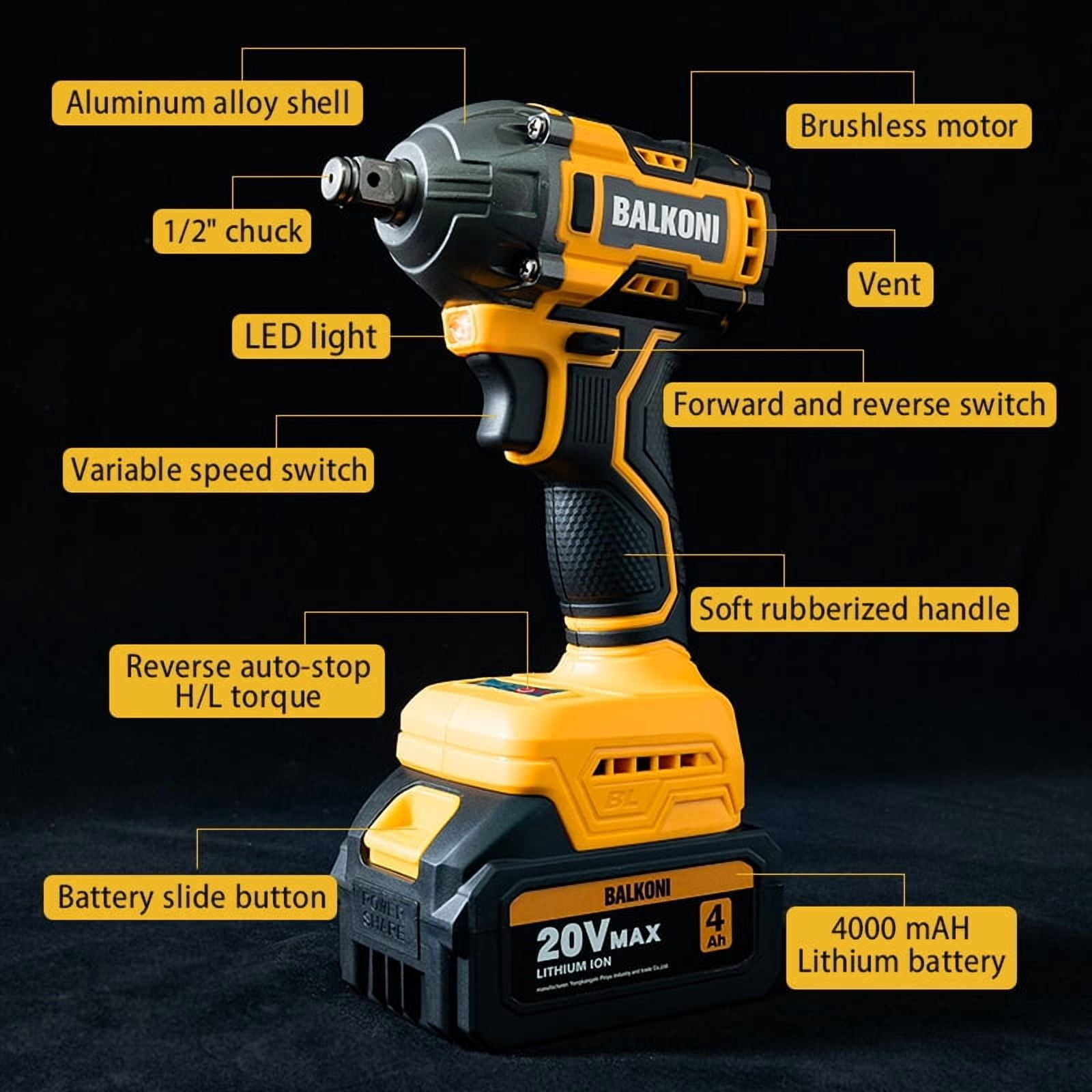20V Electric Wrench, Cordless Impact Wrench, Impact Driver, 400N.m Max High Torque Wrench Socket Set, 2300rpm Speed, 4.0Ah Li-ion Battery (1 Or 2), 7Pcs Driver Sockets, Fast Charger, Led Light, Tool