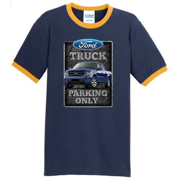 Mens Ford Truck Parking Only 100% Cotton Ringer Tee Shirt, Small Navy/Gold