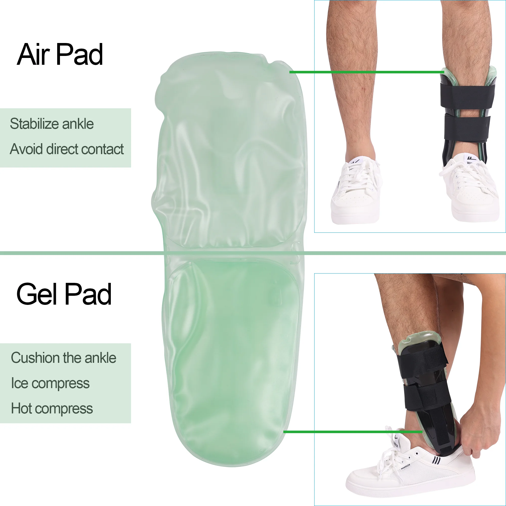 Komzer Air & Gel Ankle Brace, Adjustable Rigid Support with Cold Pads for Sprains and Tendonitis (Black)