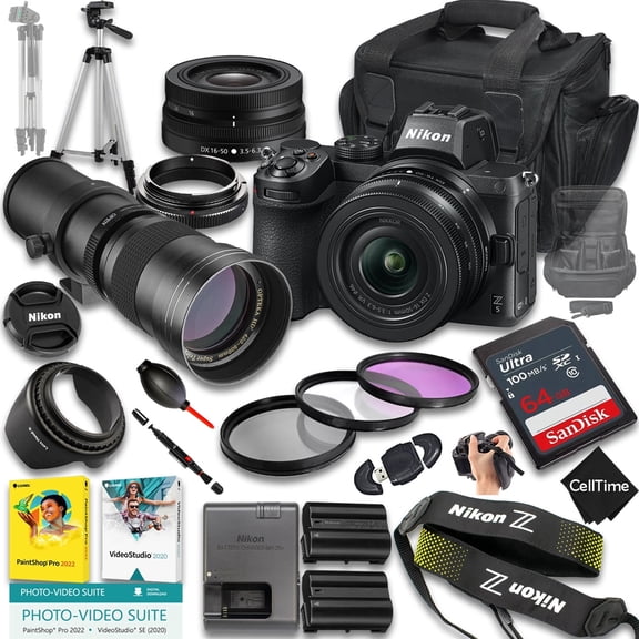 Nikon Z5 Mirrorless Camera with Z DX 16-50mm f/3.5-6.3 VR And 420-800mm f/8 Manual Super HD Telephoto Lens   64 GB Memory   Extra Battery   Camera Case   More (24pc Bundle) (International Version)
