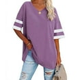 thumbnail image 1 of Camiseta de media manga para mujer con cuello en V a rayas, bloques de color, camisas holgadas de verano para oficina, trabajo, cumpleaños, morado, XL, 1 of 4