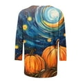 thumbnail image 3 of Women's Halloween Tops Plus Size 3/4 Sleeve Round Neck Festival Cotton T Shirts Fall Winter Loose Graphic Tees (XL, Blue), 3 of 5