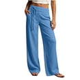 thumbnail image 2 of Mifsaly Flowy Linen Pants for Women High Waist Drawstring Wide Leg Trousers Loose Fit Lightweight Summer Lounge Clothes with Pockets Blue,XXL, 2 of 7