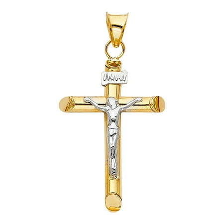 14k Crucifix Religious Cross Jesus Pendant Necklace Two Tone 35mm Long