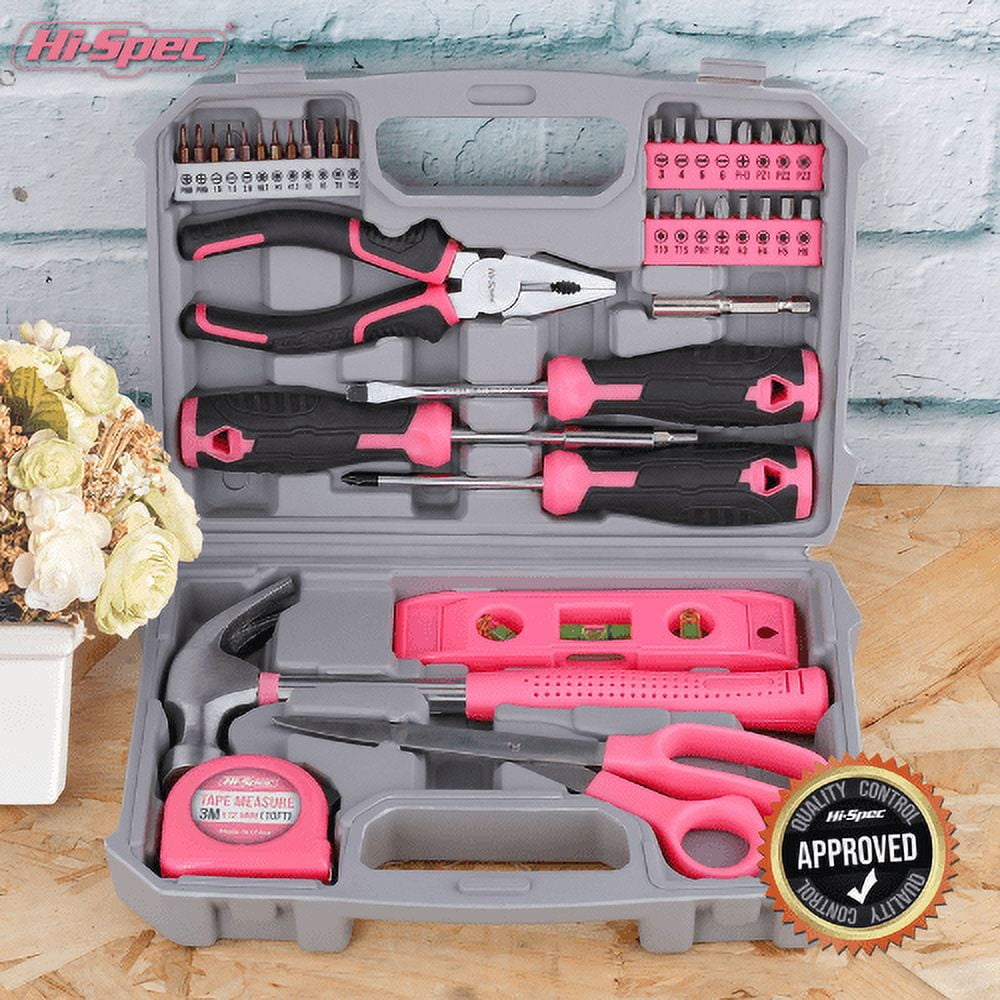 Hi-Spec 42pc Pink Household DIY Tool Set for Home, Office, College Dorm - Starter Basic Ladies Tools