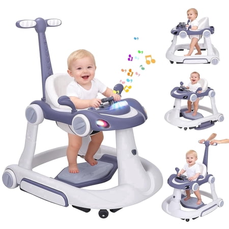 5 in 1 Baby Walker for Boys Girls Foldable Music Jumper Rocking Push W/ 3 Height Adjustable for Infant 6-18 Months Dark Blue