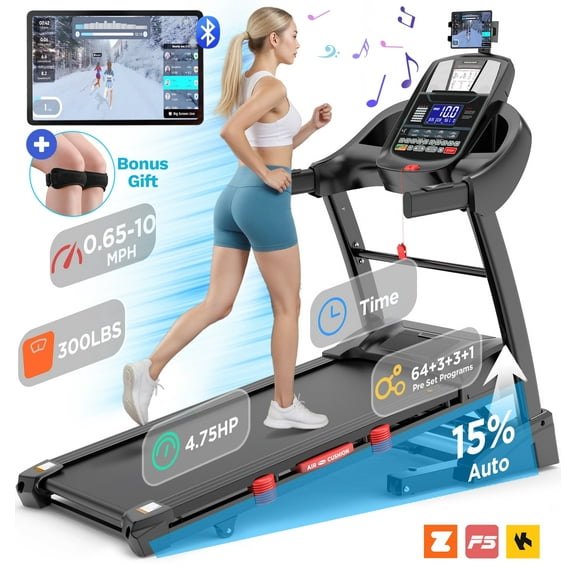 4.8HP Treadmill with Auto Incline, 15% Incline Running Treadmills for Home, Wide Folding Treadmill with Heart Monitor, Dual HiFi Speakers, 300 lb Weight Capacity