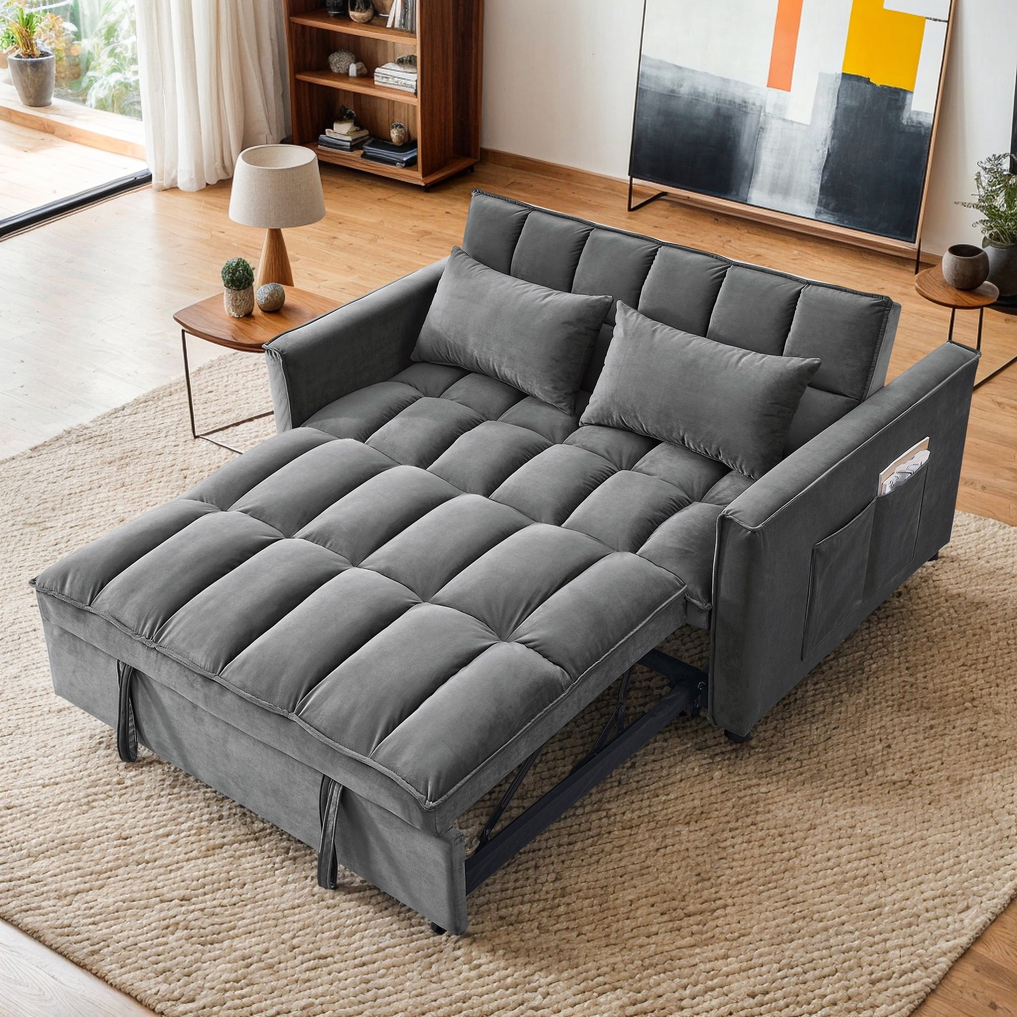 Kadyn Futon Sofa Bed, 54" Adjustable Backrest Convertible Futon Sofa for Living Room, Futon Sleeper Sofa with Side Pouch, Gray