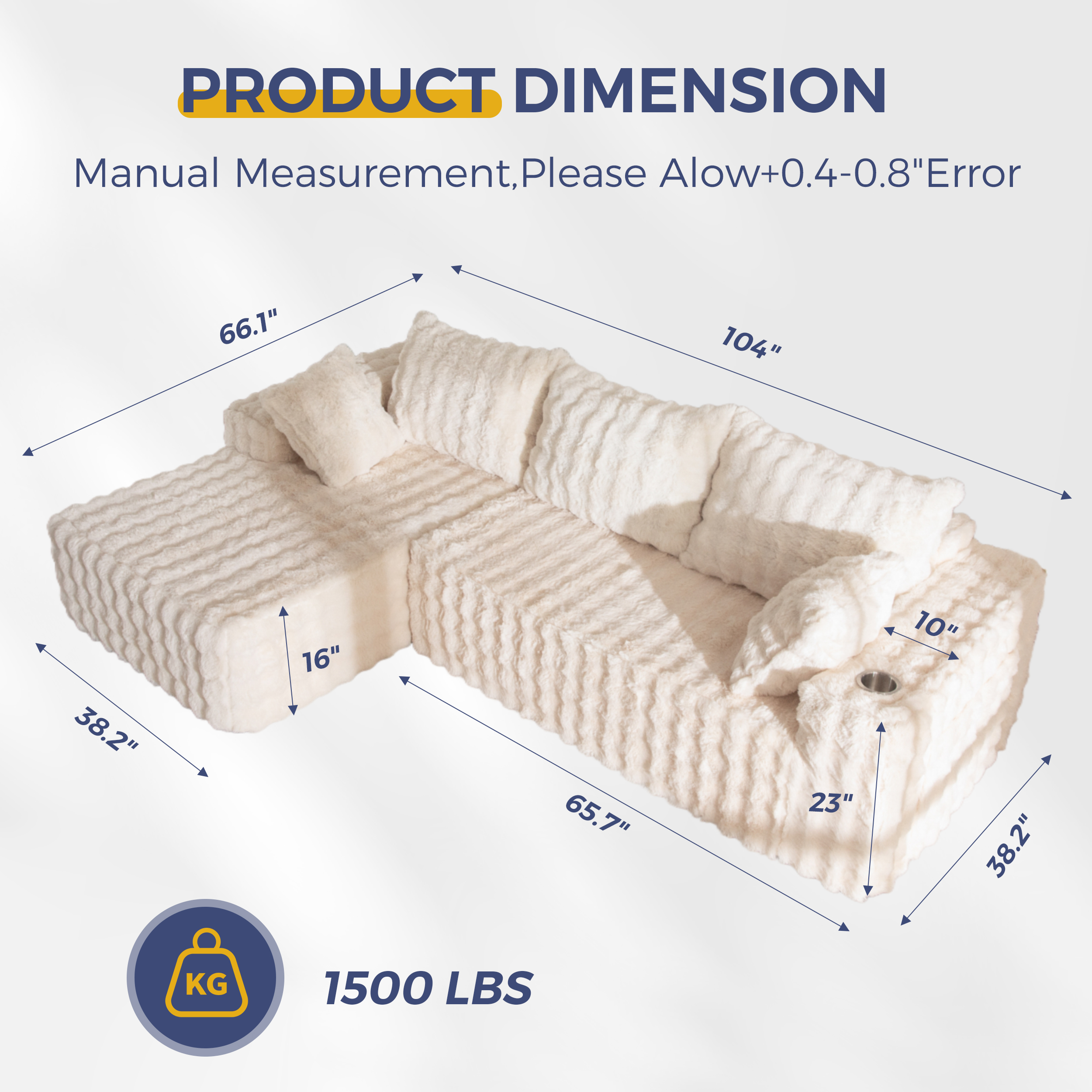 BYBYME 104" Cloud Sectional Couch with L-Shape Chaise Modern Soft Comfy Modular Plush Sofa for Living Room,No Assembly Required,Left Facing Chaise,Beige