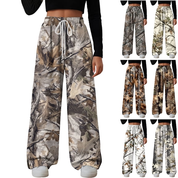 zaveiop Camo Pants Women Baggy Fleece Y2K Camouflage Cargo Pants High Waisted Wide Leg Drawstring Jogger Sweatpants (White, L)