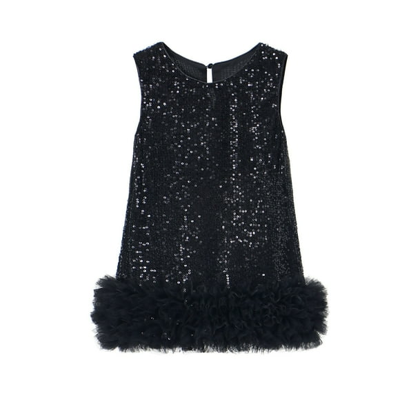 QHFBli Toddler Girls Sequin Dress Sparkly Gown Party Dresses Little Kids A-Line Velvet Dress Black 8-9 Years