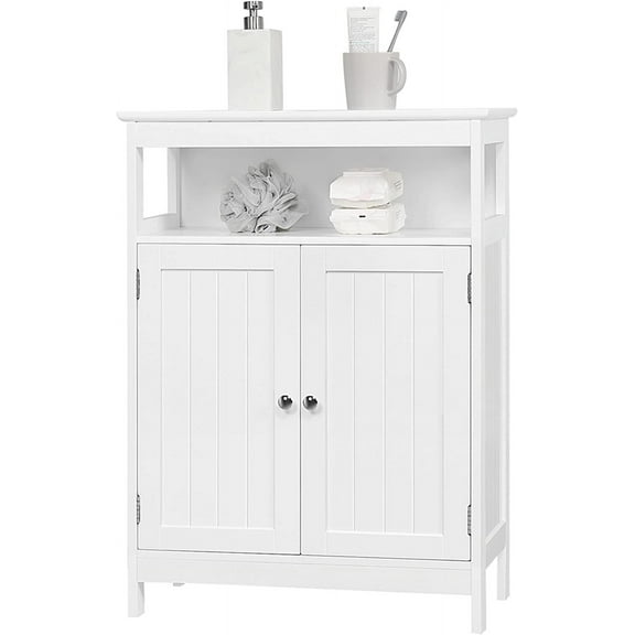 Bathroom Storage Cabinet, Wooden Free-Standing Cabinets Organizer with Adjustable Shelf & Double Doors, White