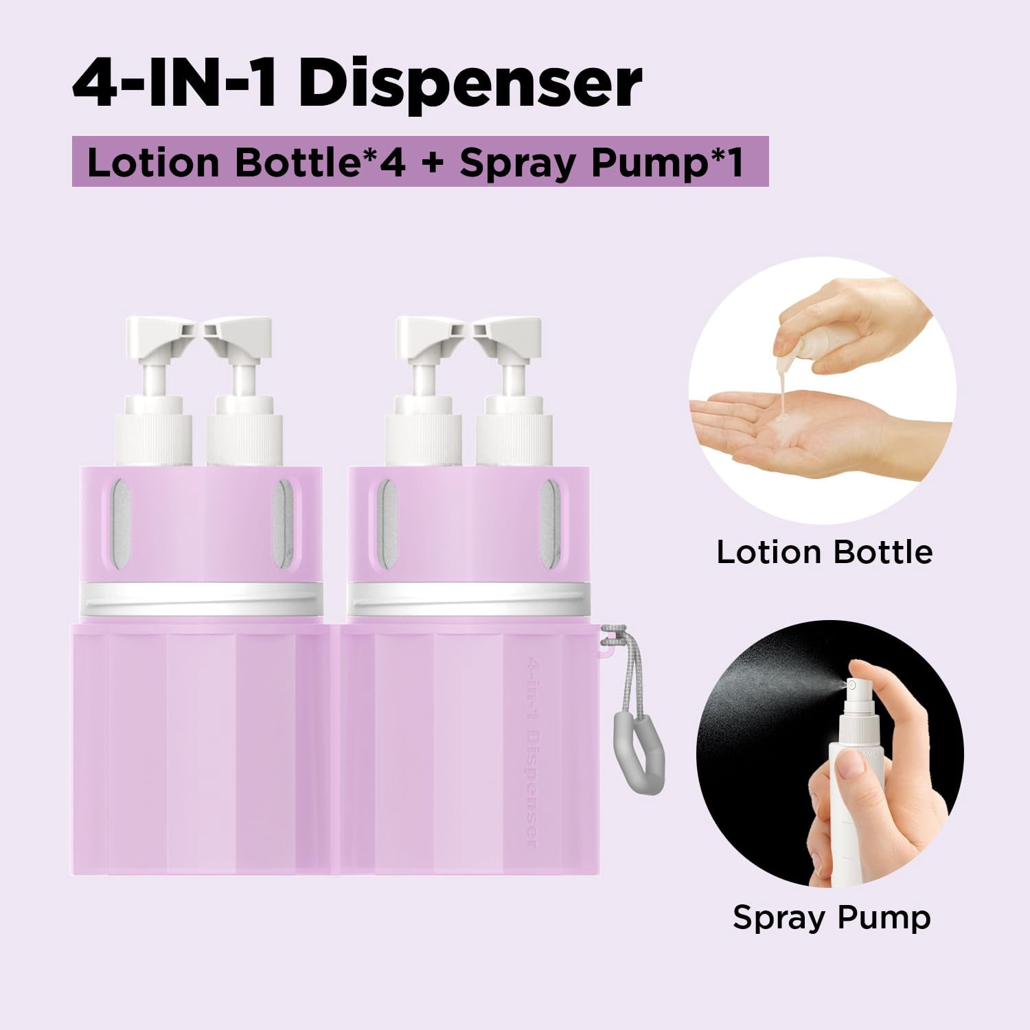 4 in 1 Travel Toiletry Containers, Refillable Travel Size Toiletries Bottles Set with Suction Cup for Smooth Walls - for Shampoo,Conditioner,Body Wash,Lotion