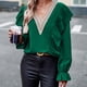 thumbnail image 3 of Gibobby Blusas De Manga Larga Para Mujer Blusa de camisa de mujer Blusa de manga larga con cuello en V elegante de otoño con color perfecto para la oficina（Verde， XL), 3 of 5