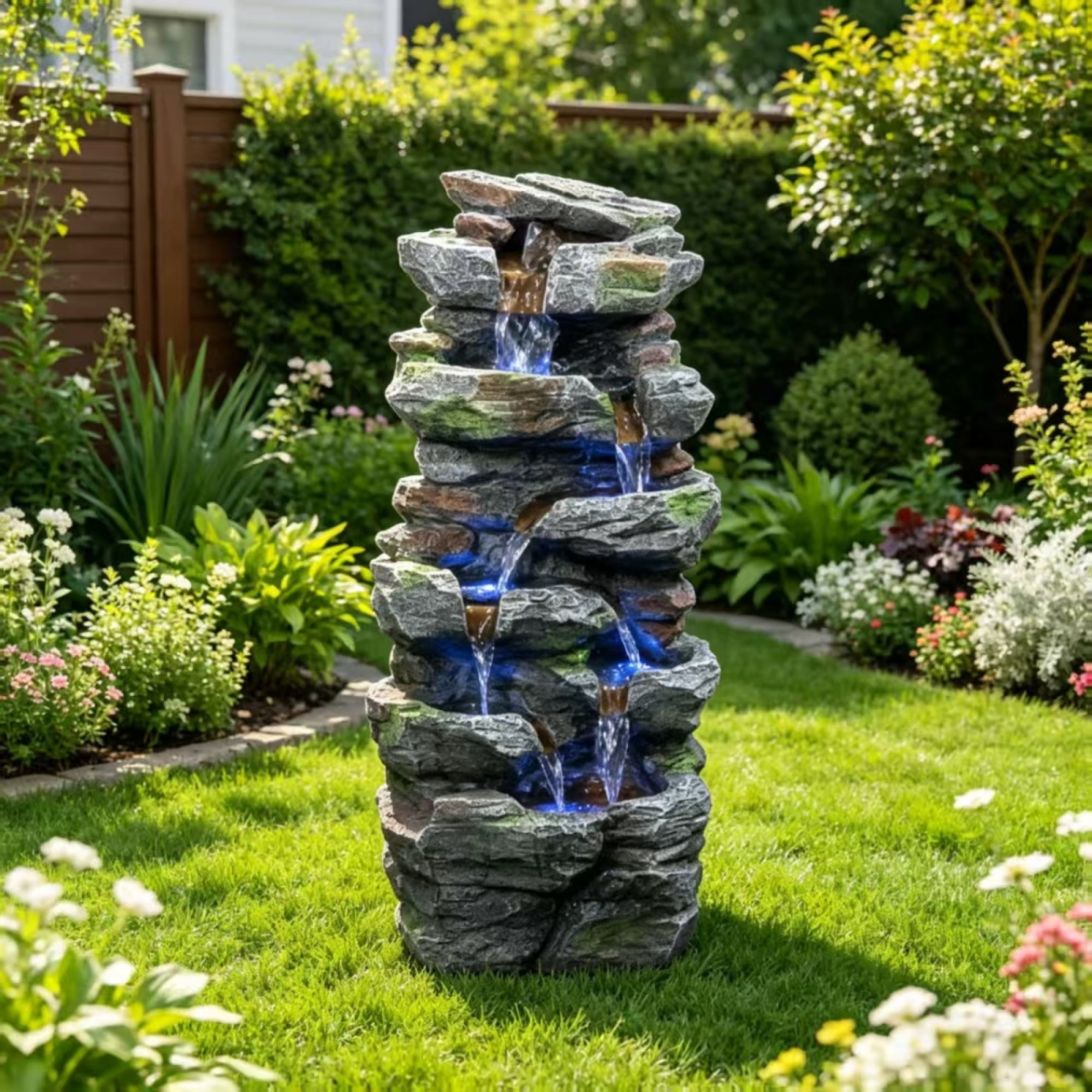24" Outdoor Rock Waterfall Fountain with Cool LED Lights, 5-Tier Cascading Resin Water Feature for Serene Garden, Patio, Backyard and Porch Decor