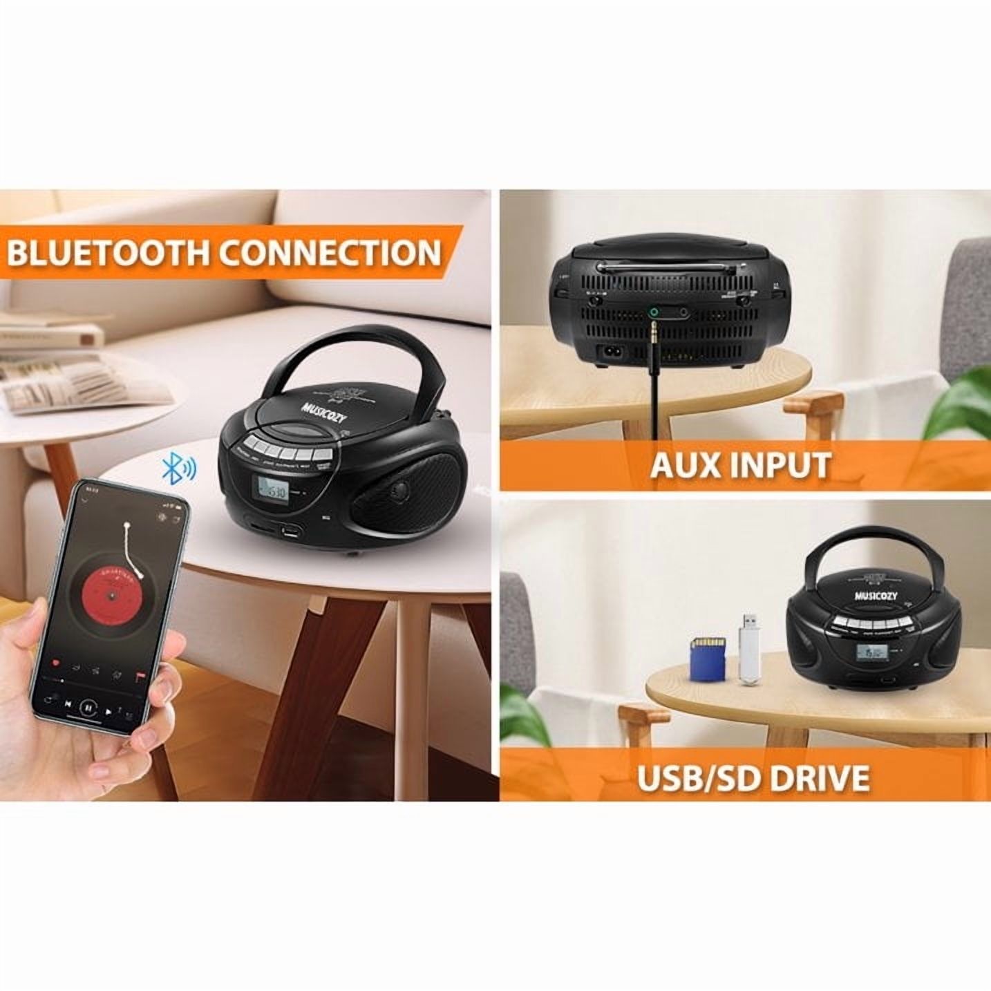 Portable CD Player Boombox with AM/FM Stereo Radio,Bluetooth Speaker Players,Support CD/USB/SD/BT/AUX,Clear and Full Sound with Bass Boost,LCD Display,Headphone Jack, AC/Battery,Gift for Elderly
