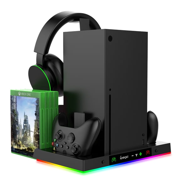 Support de Chargement Rafraîchissant Tout-en-un pour Console Xbox Series X (TPX) - Chargeur Double pour Manettes, Support pour Écouteurs, Support de Rangement pour Cartes de Jeu, Accessoire de Jeu Intelligent Xbox pour une Configuration Organisée