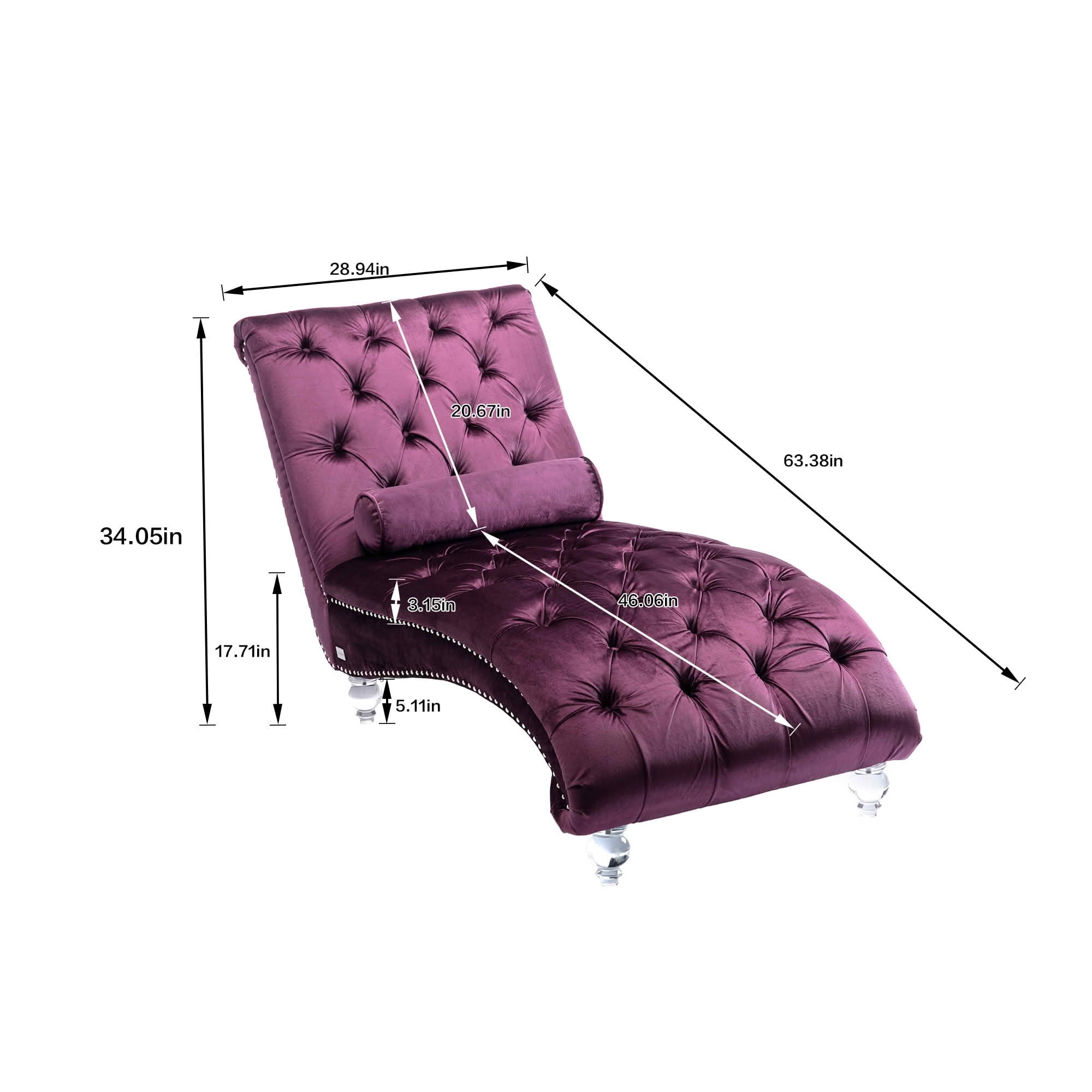 MAYEERTY Velvet Button Tufted Chaise Lounge with Pillow, Ergonomic S-Shape Indoor Lounge Chair with Wood Frame Acrylic Legs for Bedroom Living Room Office