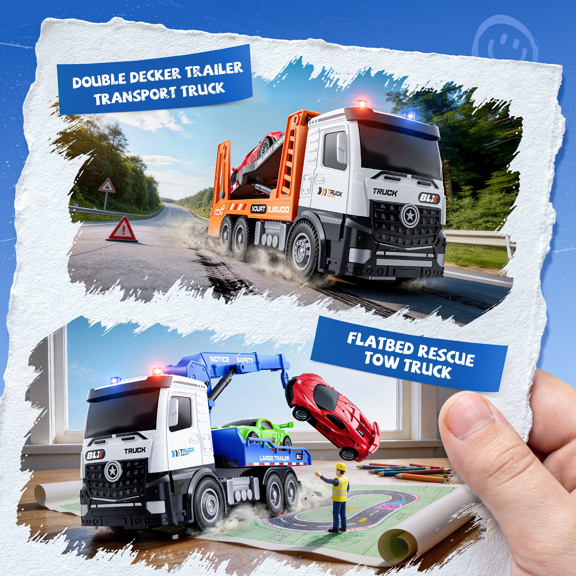 Gelomee Tow Truck Toys For 2 3 4 5 Year Old Boys, 4 Pack 7" Realistic Lights and Sounds, Trucks For Toddlers 2-4 Years, Gifts For 3 4 Year Old Boys, Toddler Boy Toys, Ideals 2 3 4 Year Old Boy Birthd