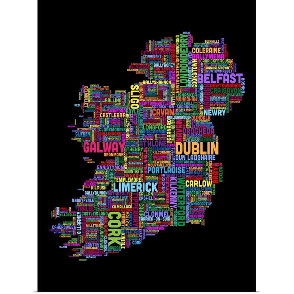 Great BIG Canvas | Rolled Michael Tompsett Poster Print entitled Irish Cities Text Map, Multicolor on Black