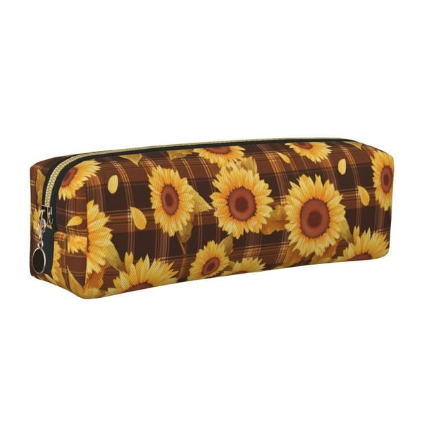 Fotbe Vintage Brown Plaid Sunflower Estuche para Lápices de Cuero con Estampado, Estuche con Cremallera Resistente, Organizador Compacto y Elegante para Papelería