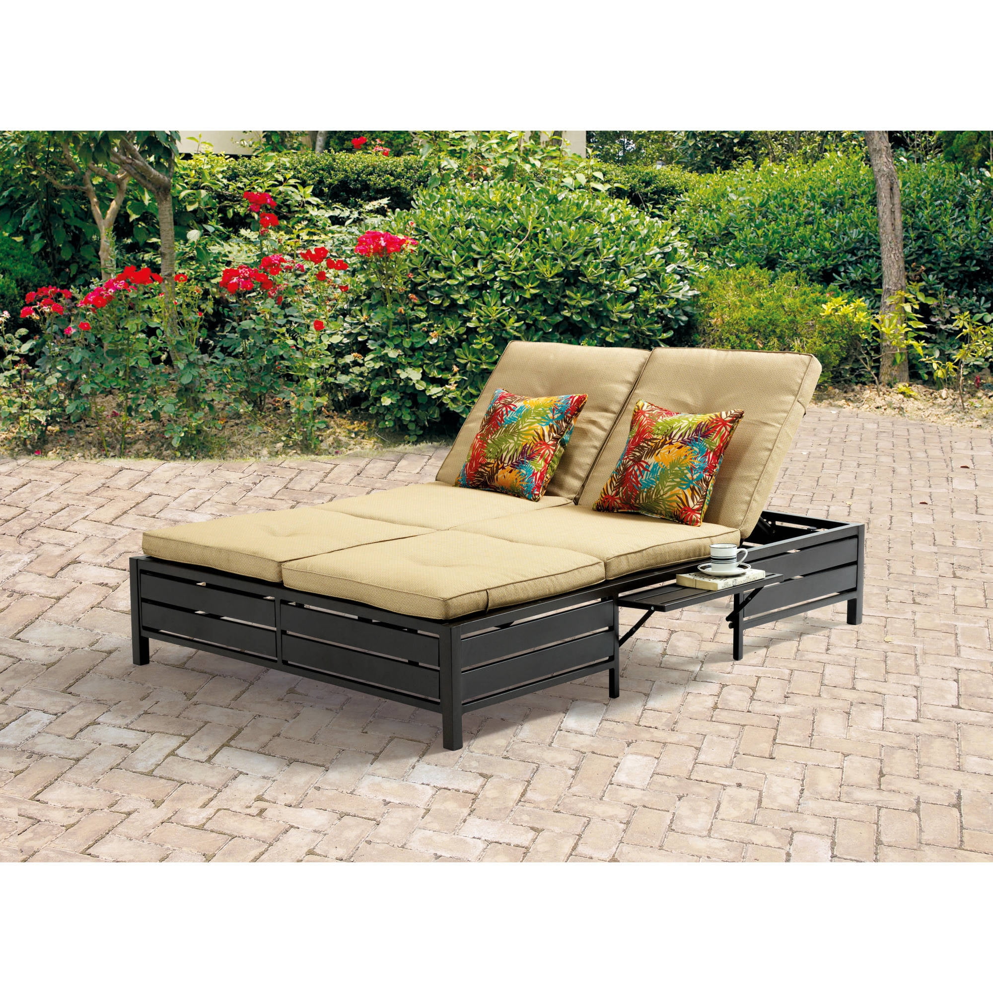 mainstays outdoor double chaise lounge bench for patio tan seats 2   walmart