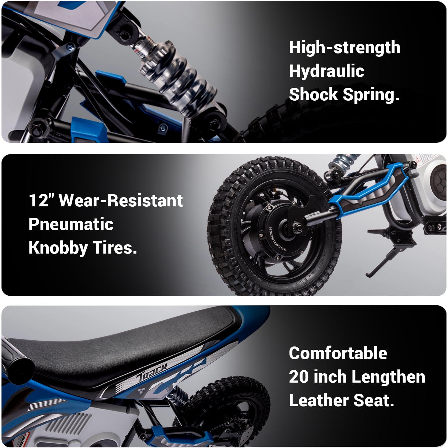 Track Seven 24V Electric Dirt Bike, 250W Ride on Motorcycle with Twist Grip Throttle, Hand-Operated Dual Brakes, Speed Up to 10 MPH, for Age 8-12, Blue