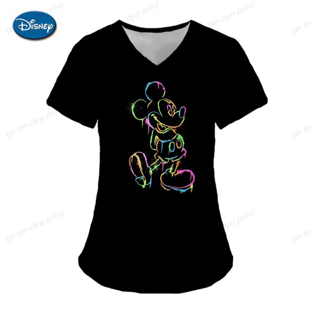 Pocket Nursing Scrub Uniform Ladies V-neck Care Workers Nurse Working Medical Uniforms Blouse Disney Mickey Mouse Print TopsS Gao Jinjia LED