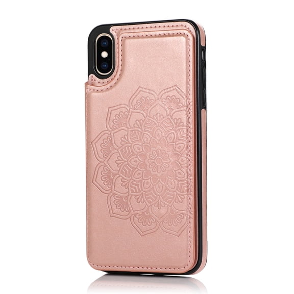 For iPhone XR Case with Card Holder, Cute Mandala Embossed PU Leather Wallet Case, Back Magnetic Snap Flip Folio Cover with Kickstand Shockproof Protection Slim Cover,Rosegold