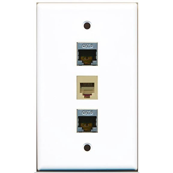 RiteAV - 1 Port Phone RJ11 RJ12 Beige 2 Port Shielded Cat6 Ethernet Wall Plate