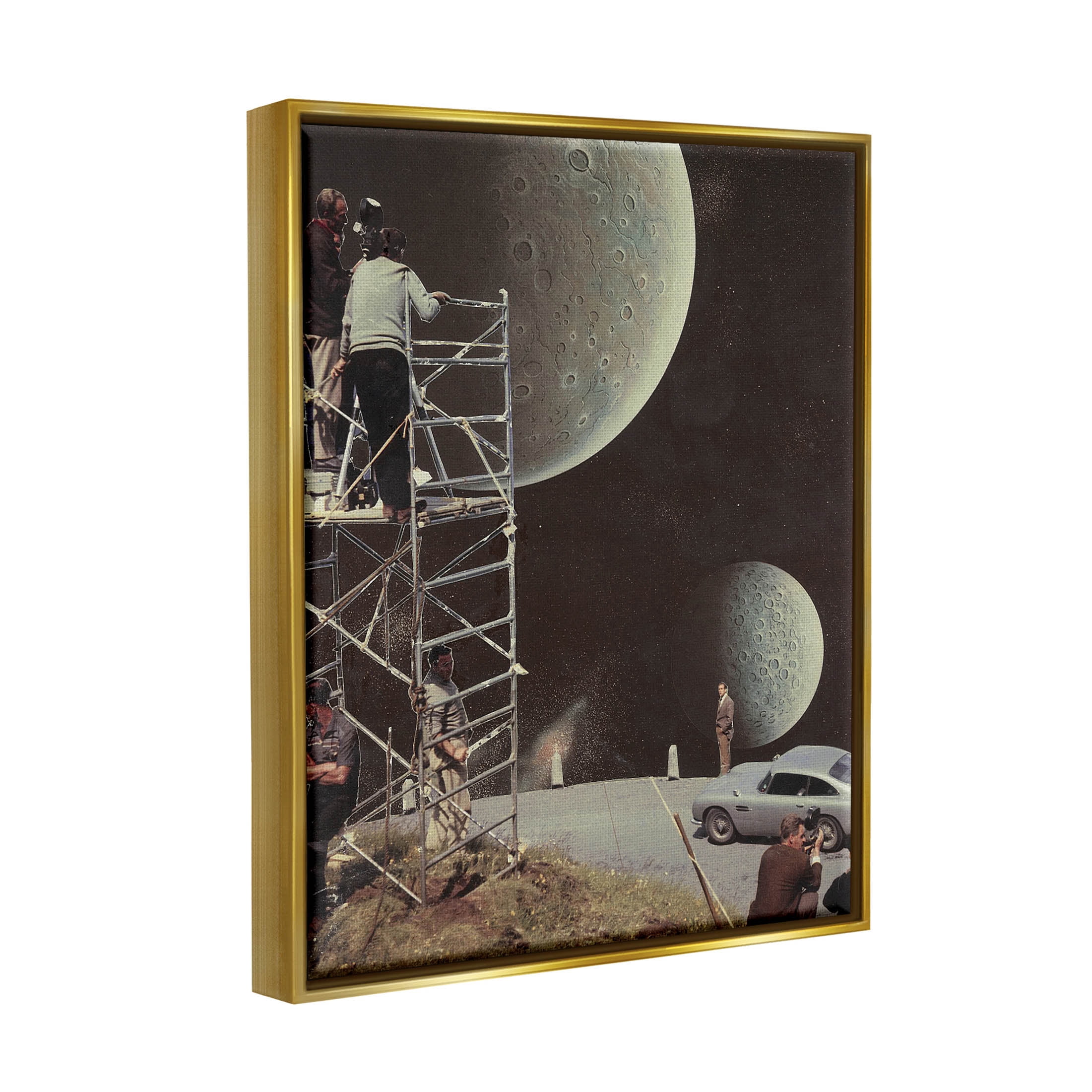 Stupell Industries Two Moons Vintage Film Set Galaxy Graphic Art Metallic Gold Floating Framed Canvas Print Wall Art, Design by Matheus Lopes Castro