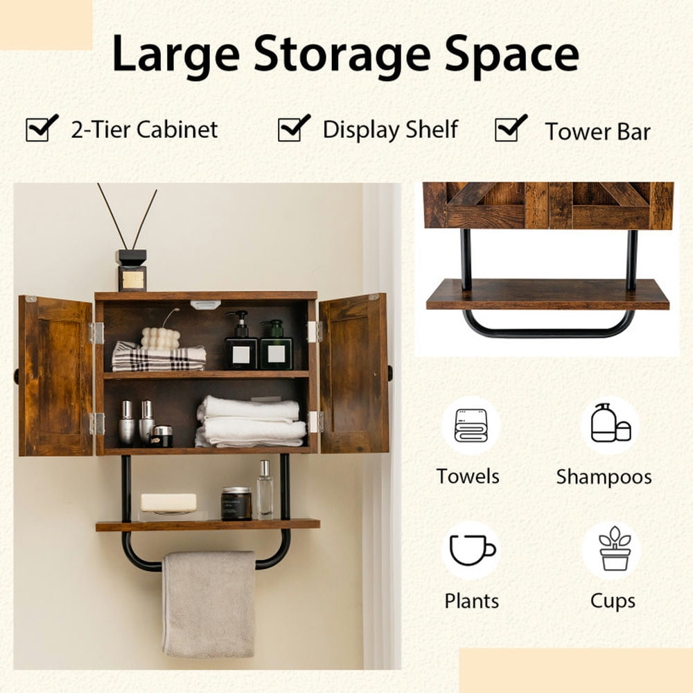 Finihen Bathroom Wall Cabinet, Wall Mounted Bathroom Cabinet, Medicine Cabinet, 2-Door Bathroom Wall-Mounted Medicine Cabinet with Open Shelf and Towel Rack, for Bathroom, Rustic Brown Finihen Bathroom Wall Cabinet, Wall Mounted Bathroom Cabinet, Medicine Cabinet, 2-Door Bathroom Wall-Mounted Medicine Cabinet with Open Shelf and Towel Rack, for Bathroom, Rustic Brown