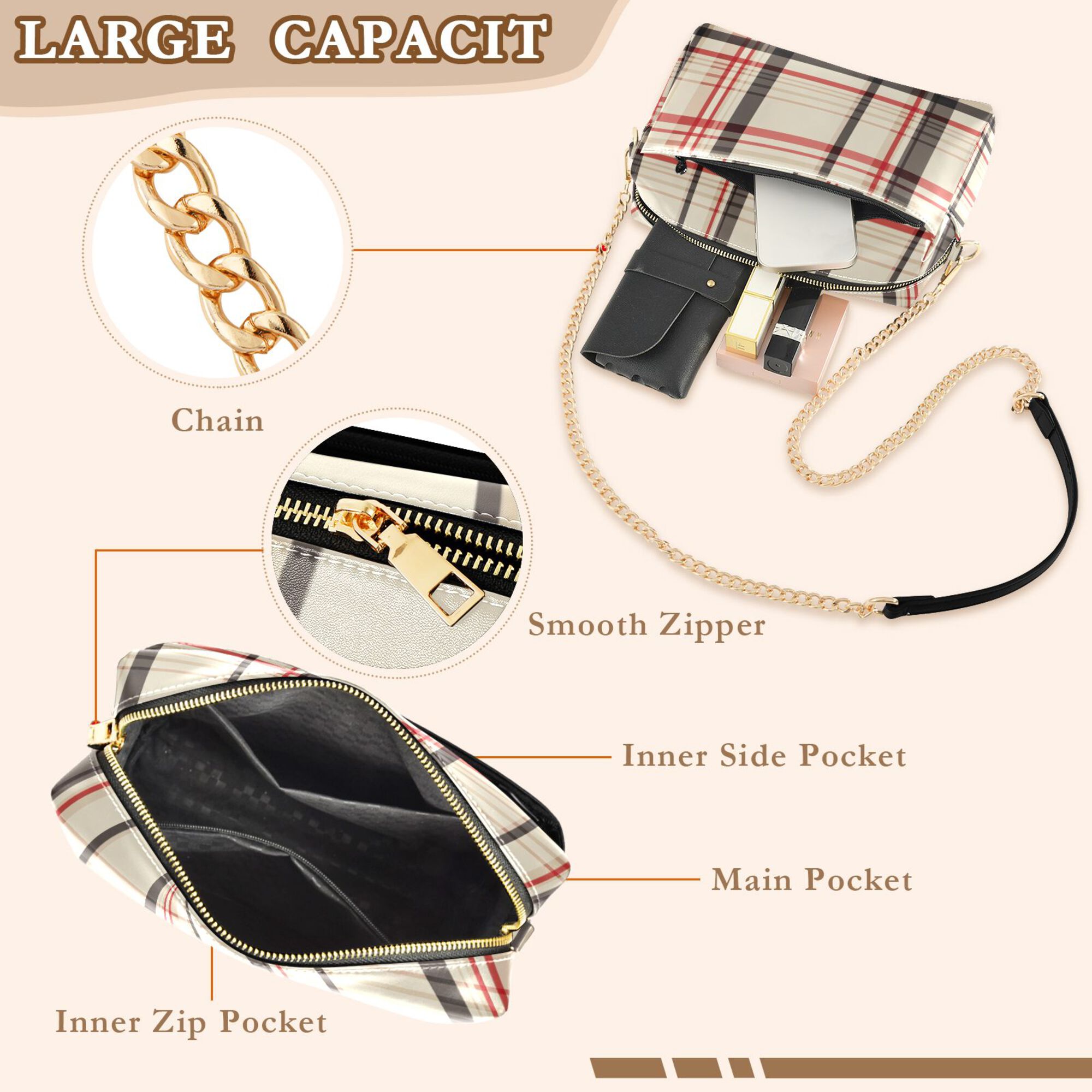 FORMRS Women Crossbody Purse with Chain Strap Vegan Leather Shoulder Handbag, Black Tartan