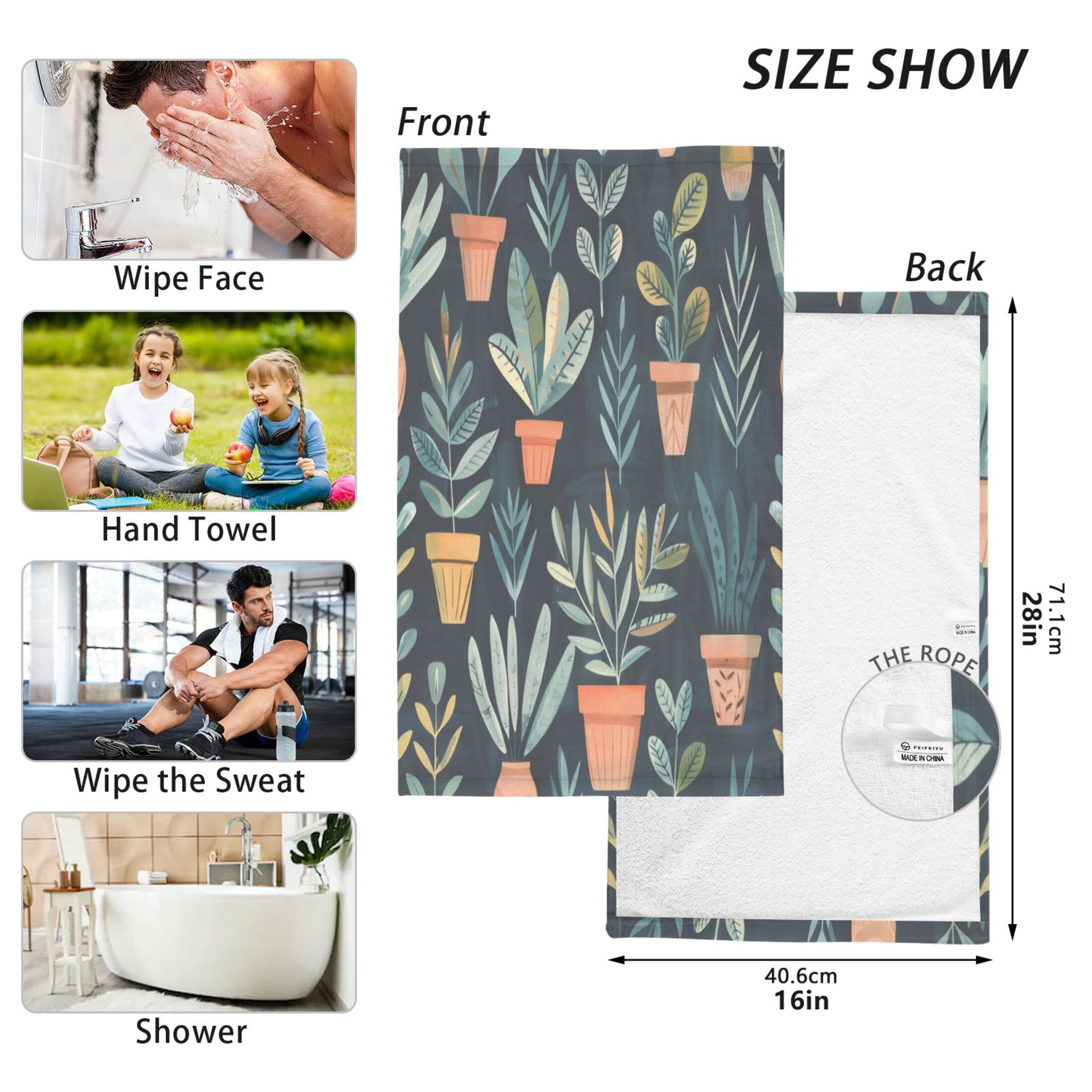 Cotton Towel Two-Piece 16x28 Inch One Sizex2 Face Towel Set Towel Set Cotton Hand Bath Towel Bathroom Beach Dark Green Plants