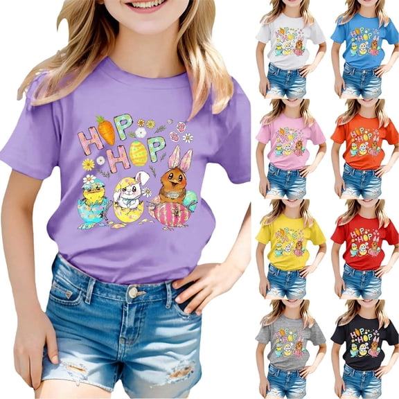 LRen Toddler Girls Easter Shirt Bunny Eggs Short Sleeve T Shirts Comfortable Happy Easter Preppy Tops Summer Clothes for Girls